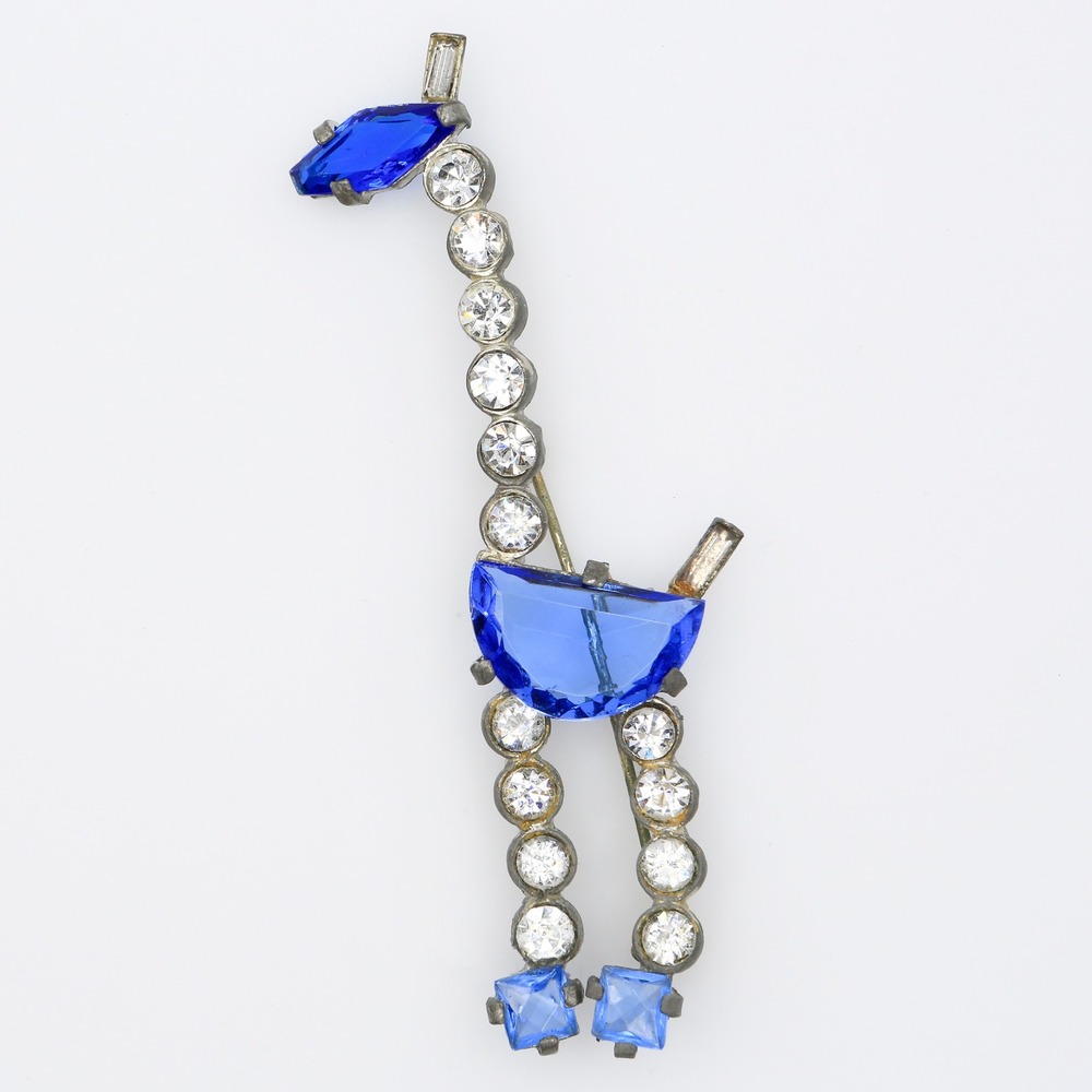 Vintage Blue Glass Rhinestone Giraffe Brooch Figural Animal Pin 1920s-1930s